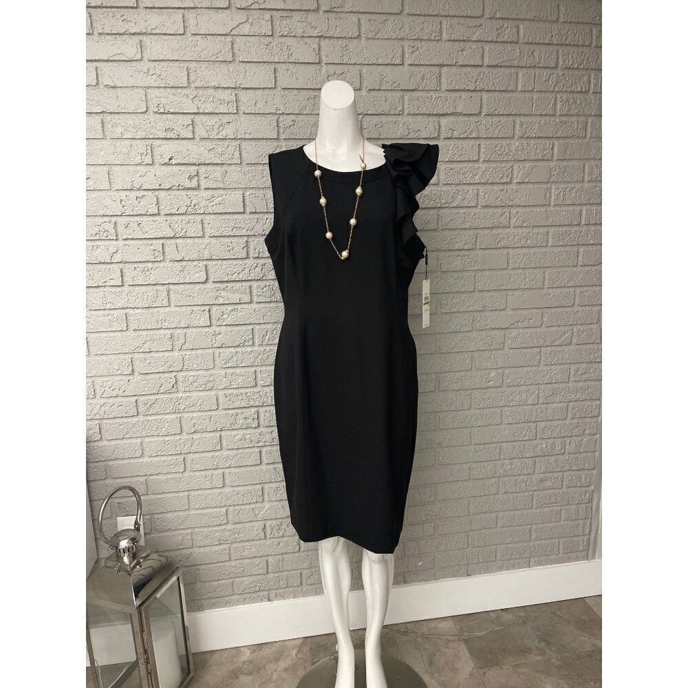 Calvin Klein Women Black One Ruffle Shoulder Sheath Dress Size 14
